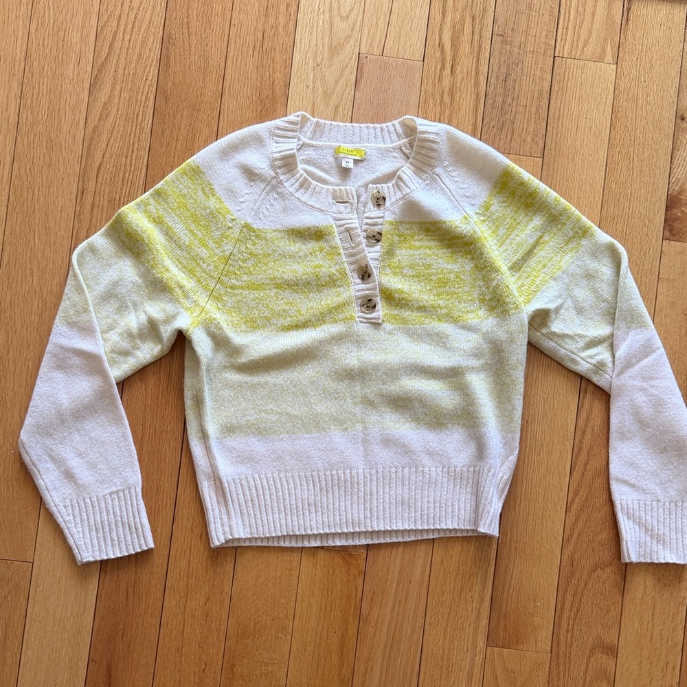 NWOT J. Crew 100% cashmere Women’s White and Yellow Button-Neck Sweater